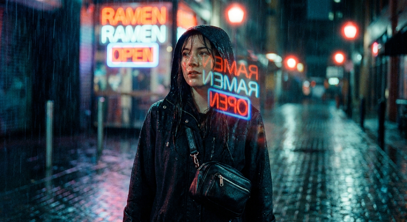 Raw output: rain-soaked alley portrait from the pack's exact prompt