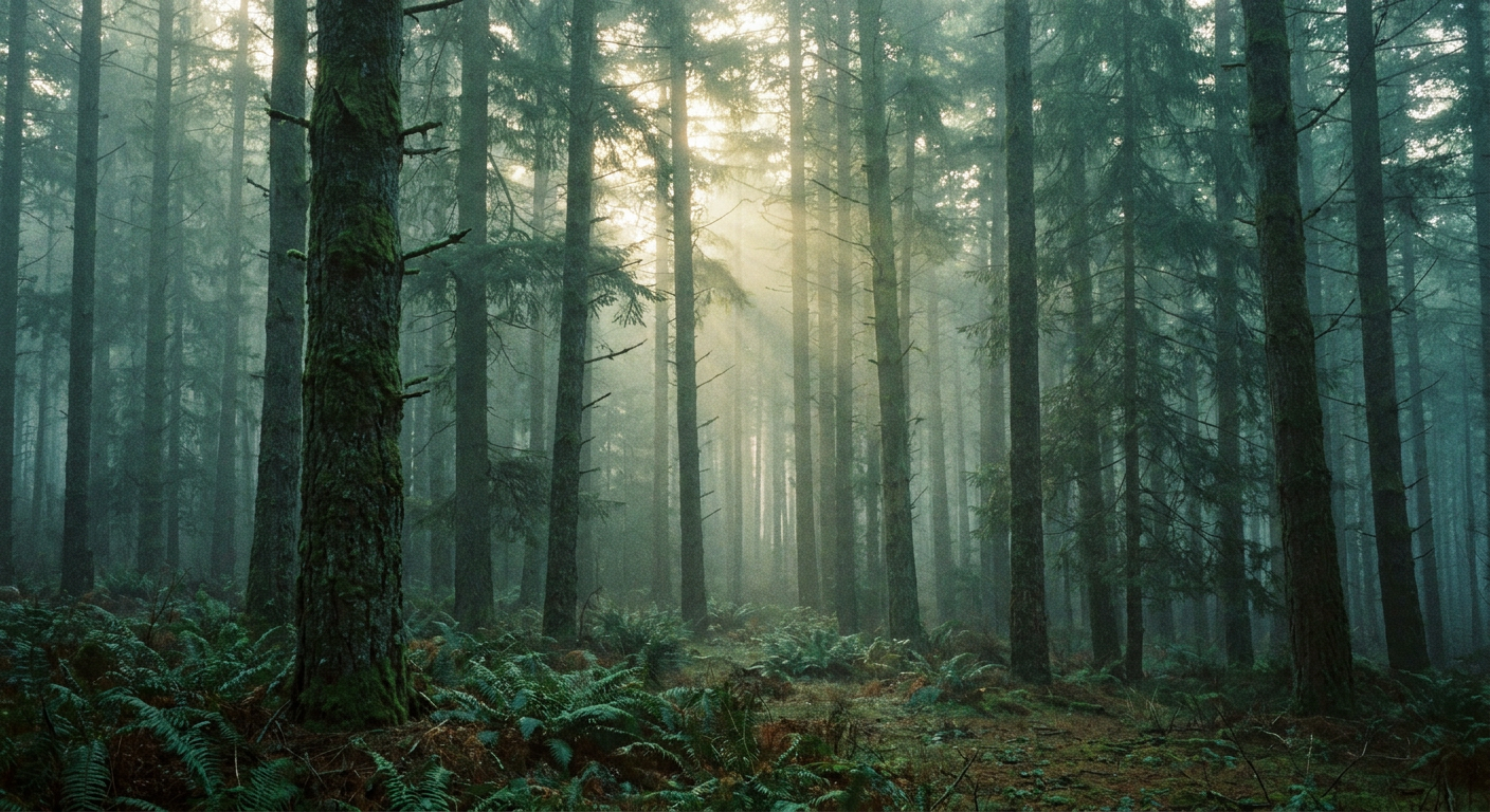 Raw output: foggy pine forest from the pack's exact prompt